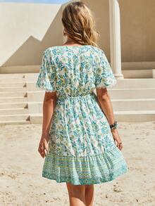 Đầm Tương phản ren Viên lá sen Nút phía trước Hoa Boho - Màu xanh bạc hà - Xem 2