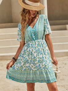 Đầm Tương phản ren Viên lá sen Nút phía trước Hoa Boho - Màu xanh bạc hà - Xem 5