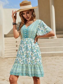 Đầm Tương phản ren Viên lá sen Nút phía trước Hoa Boho - Màu xanh bạc hà - Xem 6