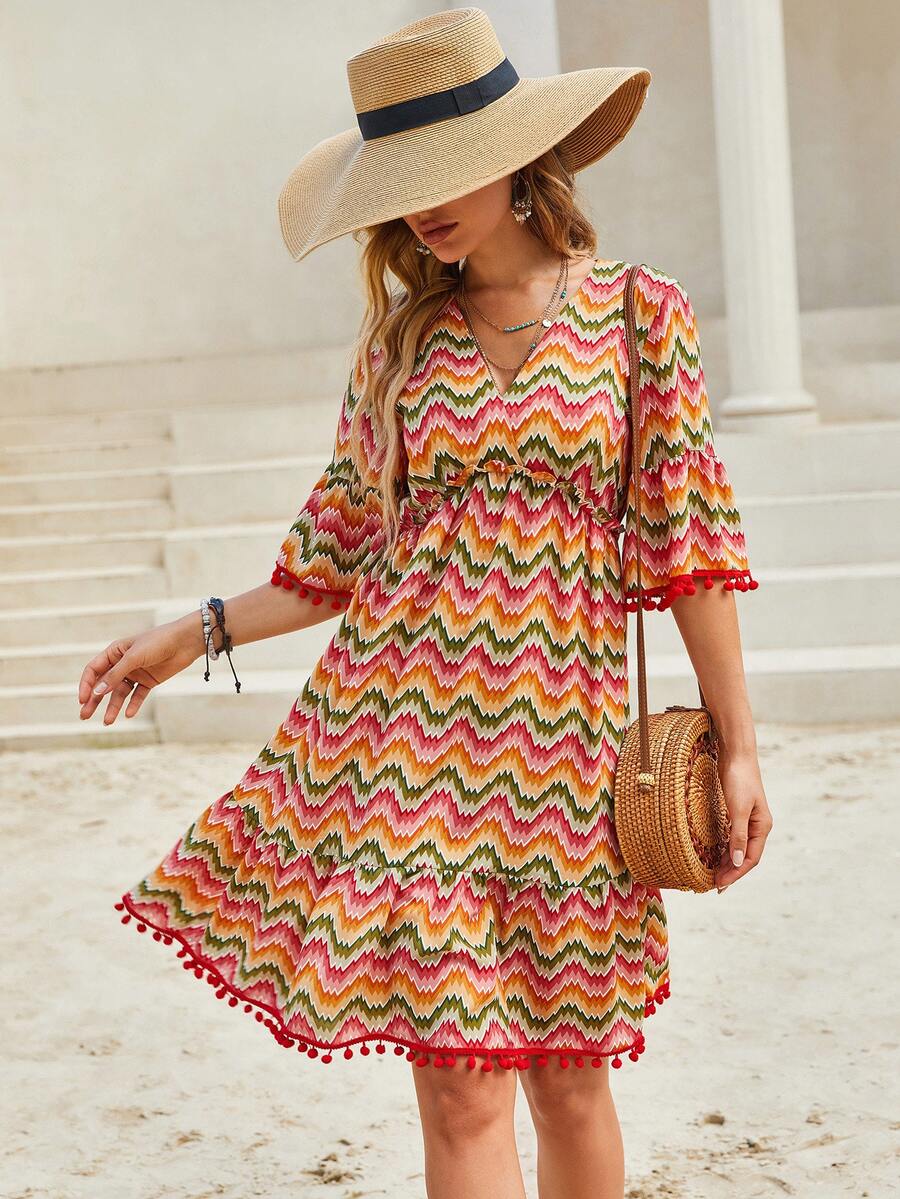 Chevron Print Flounce Sleeve Dress - Multicolor - View 1