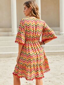 Chevron Print Flounce Sleeve Dress - Multicolor - View 2