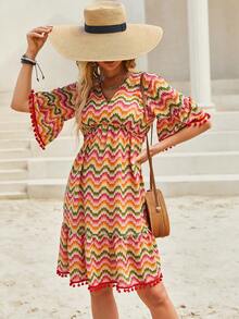 Chevron Print Flounce Sleeve Dress - Multicolor - View 3