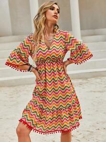 Chevron Print Flounce Sleeve Dress - Multicolor - View 4