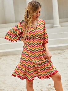 Chevron Print Flounce Sleeve Dress - Multicolor - View 6