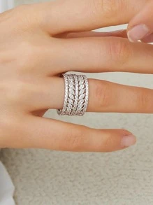 1pc Fashionable Wide Ring With Cubic Zirconia Tassel Design - Silver - View 2