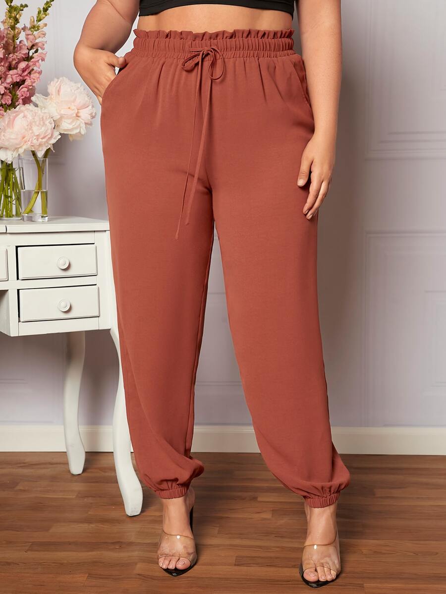 SHEIN LUNE Plus Paperbag Waist Knot Front Trousers - Burnt Orange - View 1