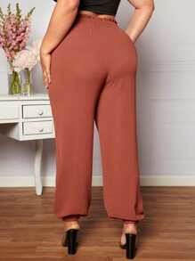 SHEIN LUNE Plus Paperbag Waist Knot Front Trousers - Burnt Orange - View 2