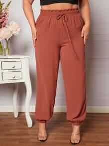 SHEIN LUNE Plus Paperbag Waist Knot Front Trousers - Burnt Orange - View 4