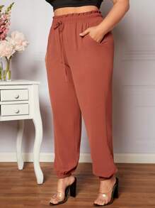 SHEIN LUNE Plus Paperbag Waist Knot Front Trousers - Burnt Orange - View 5