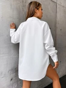 SHEIN MOOSTA Solid Drop Shoulder Button Up Oversized Shirt,Long Sleeve Tops Fall Cloth For Women - White - View 2