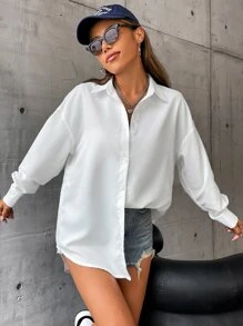 SHEIN MOOSTA Solid Drop Shoulder Button Up Oversized Shirt,Long Sleeve Tops Fall Cloth For Women - White - View 3