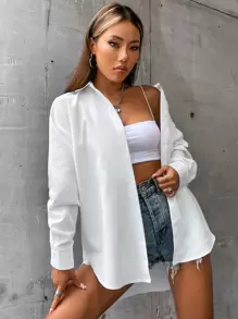 SHEIN MOOSTA Solid Drop Shoulder Button Up Oversized Shirt,Long Sleeve Tops Fall Cloth For Women - White - View 4
