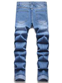 Men Ripped Moustache Effect Slim Straight Jeans - Light Wash - View 2