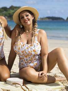 Bikinx Plus Size Fruit Print Ruched Bust O-Ring Detail One Piece Swimsuit Summer - Multicolor - View 3