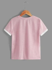 SHEIN 男童休闲针织短袖圆领 T 恤，带前口袋，夏季 - 淺粉色 - 查看 2