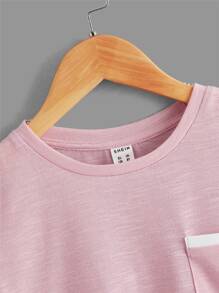 SHEIN 男童休闲针织短袖圆领 T 恤，带前口袋，夏季 - 淺粉色 - 查看 3