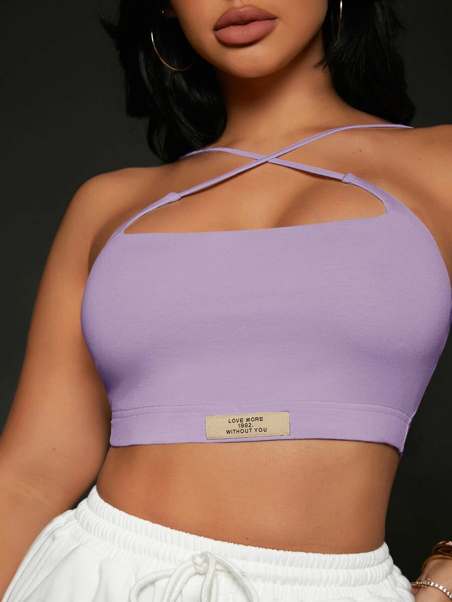 SHEIN SXY Criss Cross Letter Patched Crop Top - Lilac Purple - View 1