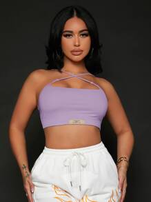 SHEIN SXY Criss Cross Letter Patched Crop Top - Lilac Purple - View 3