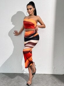 SHEIN SXY 撞色抹胸短款上衣和半身裙 - 彩色 - 查看 3