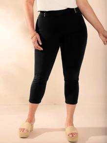 EMERY ROSE Plus High Waist Button Detail Skinny Trousers - Black - View 6