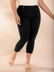 EMERY ROSE Plus High Waist Button Detail Skinny Trousers - Black - View 3