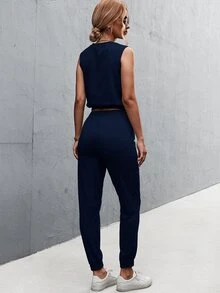 SHEIN LUNE Top tank unicolor con pantalones deportivos - Azul Marino - Ver 2