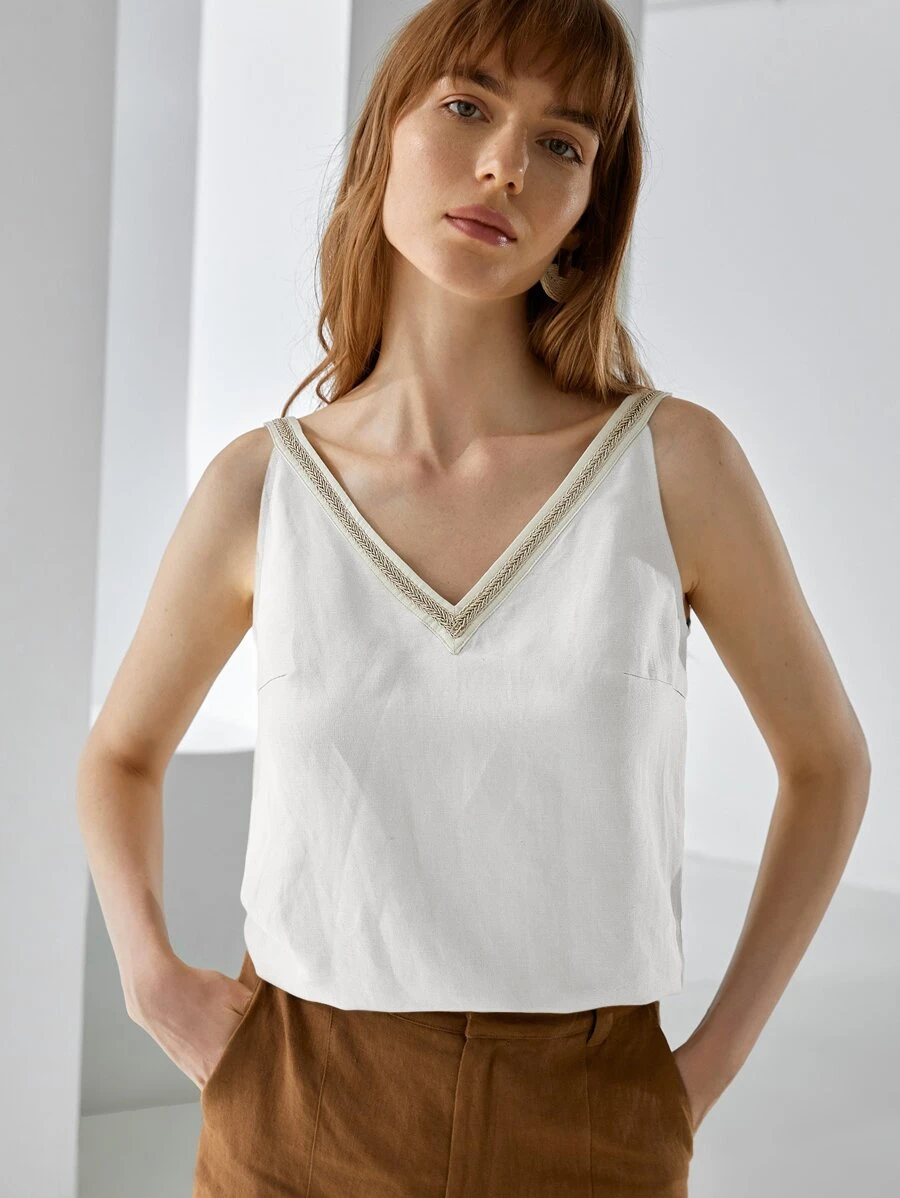 MOTF PREMIUM Top de tirantes de lino con diseño de cinta - Blanco - Ver 1