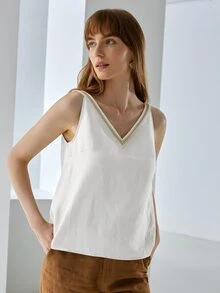 MOTF PREMIUM Top de tirantes de lino con diseño de cinta - Blanco - Ver 4