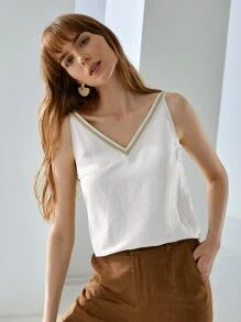 MOTF PREMIUM Top de tirantes de lino con diseño de cinta - Blanco - Ver 10