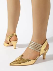 Fall/Winter Women Spring/Summer Elegant Pointed Toe Gold Stone Texture Elastic Backstrap High Heel Pumps (Random Shoe Vamp Pattern), Elegant, Party - Gold - View 2
