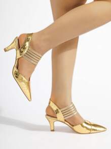 Fall/Winter Women Spring/Summer Elegant Pointed Toe Gold Stone Texture Elastic Backstrap High Heel Pumps (Random Shoe Vamp Pattern), Elegant, Party - Gold - View 4