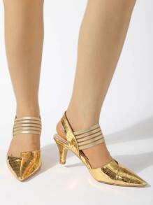 Fall/Winter Women Spring/Summer Elegant Pointed Toe Gold Stone Texture Elastic Backstrap High Heel Pumps (Random Shoe Vamp Pattern), Elegant, Party - Gold - View 5