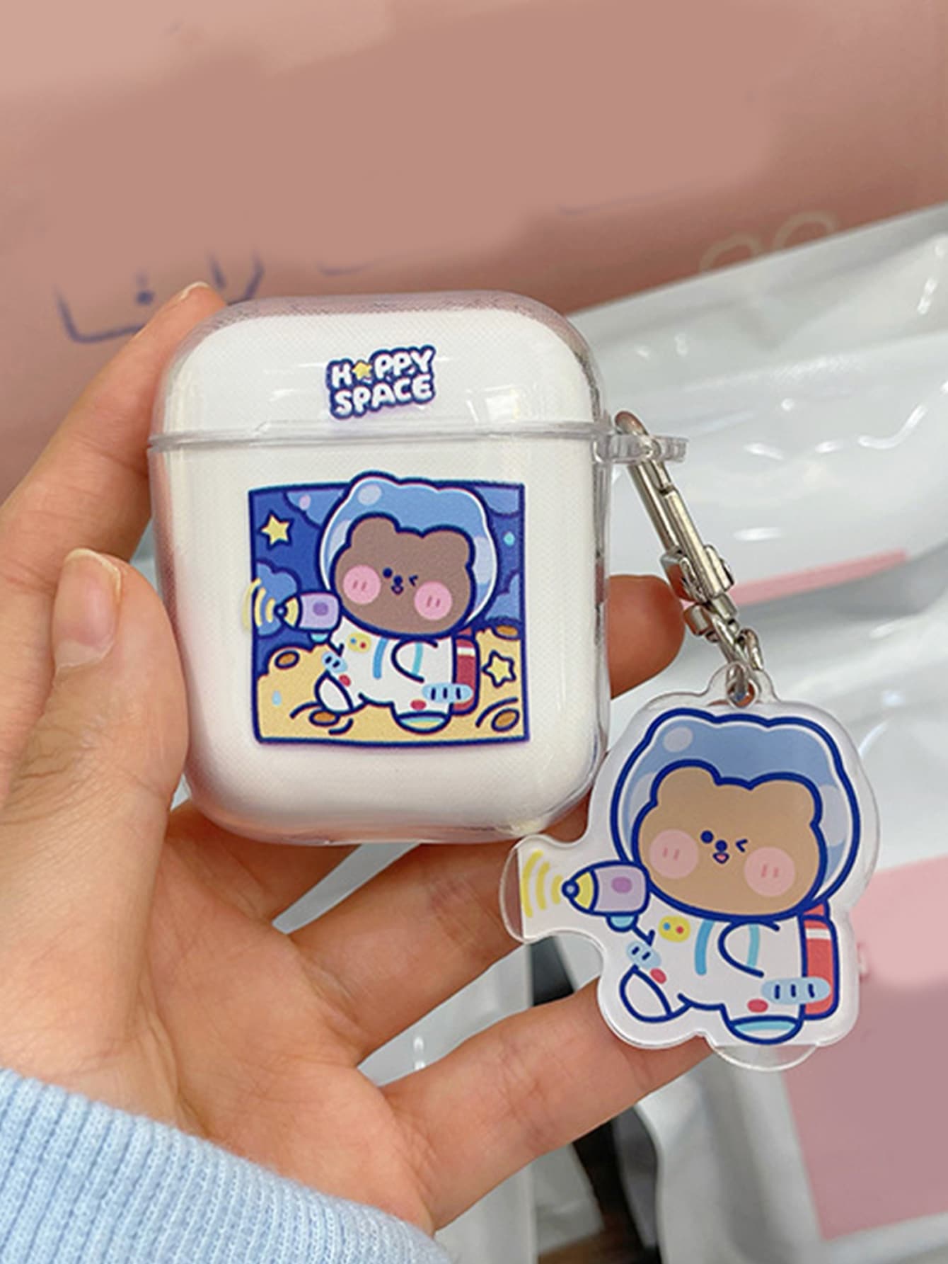 Vỏ móc khóa in hình gấu hoạt hình tương thích với AirPods - Trong sáng - Xem 1