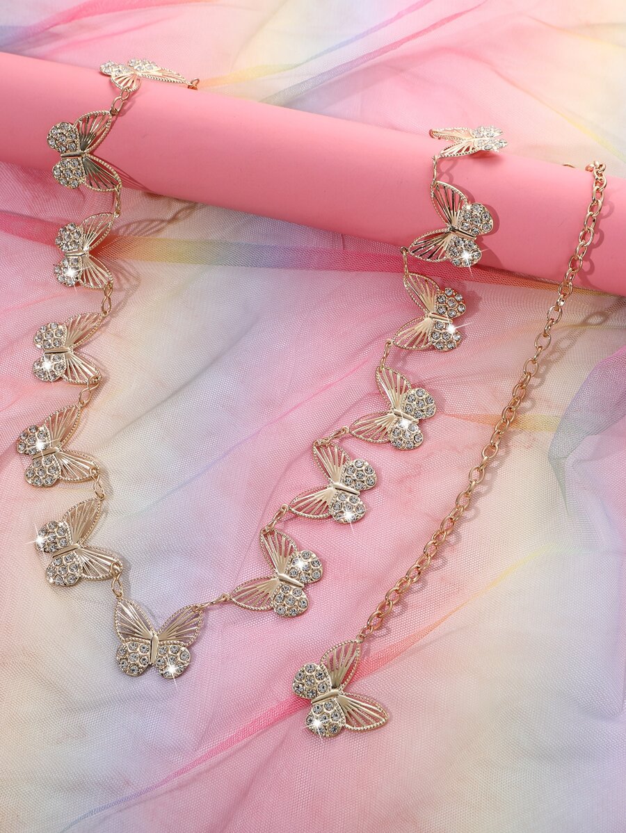 1 pieza Cinturón ajustable de mujer con decoración de mariposa de metal dorado y rhinestones, adecuado para uso diario casual, regalo ideal para la novia