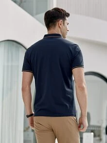Men Striped Trim Polo Shirt - Navy Blue - View 2
