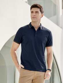 Men Striped Trim Polo Shirt - Navy Blue - View 3