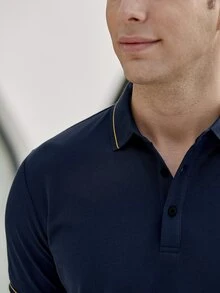 Men Striped Trim Polo Shirt - Navy Blue - View 4
