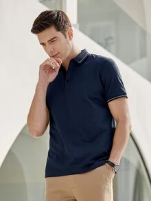 Men Striped Trim Polo Shirt - Navy Blue - View 5