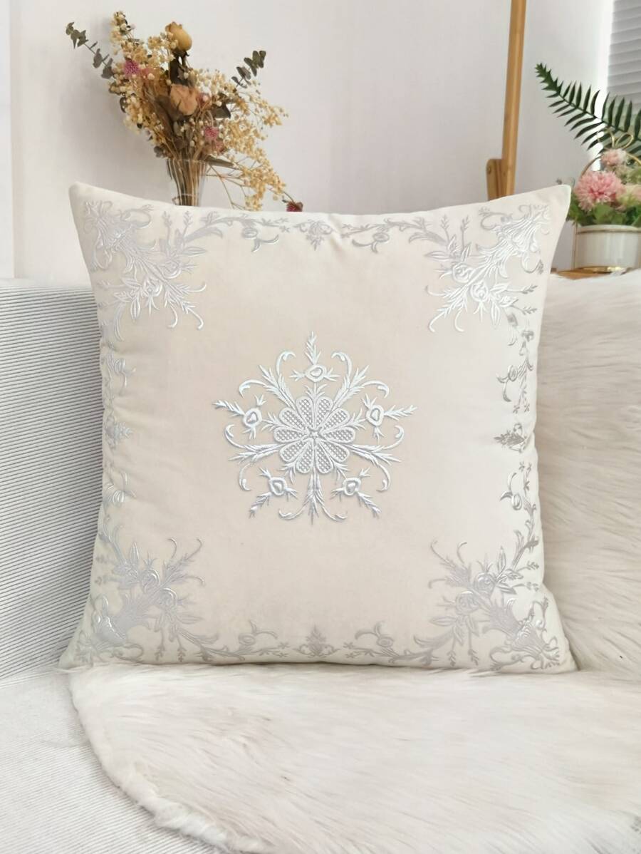 1pc Flower Embroidered Cushion Cover, Polyester Throw Pillow Case For Home Sofa, Pillow Insert Not Include - Beige - View 1