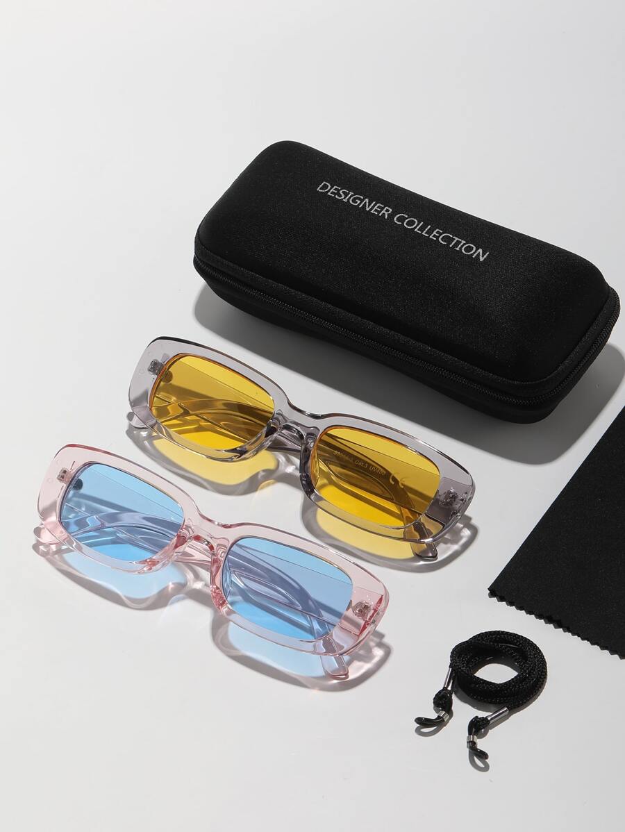 Bộ 2 chiếc kính râm cặp đôi thời trang, màu huỳnh quang cho nam và nữ, màu thạch khoa học viễn tưởng không chính thống thích hợp cho kỳ nghỉ hè theo phong cách thiên niên kỷ, phong cách INS hình bầu dục nhỏ, khung vuông nhỏ cổ điển Y2K Hip Hop Rock với bản lề kim loại nâng cao, kính râm ngày lễ - Nhiều màu - Xem 1