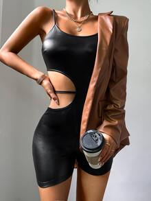 Mono unitard con abertura PU - Negro - Ver 3