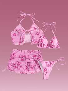 Pretty Bratty Y2K Revival Letter Halter Tie Side Summer Beach Bikini Set & Drawstring Ruched Cover Up Set - Pink - View 1