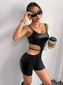 Mono unitard con abertura PU - Negro - Ver 4