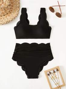 SHEIN Maternity Plus Scallop Trim Ruched High Waist Bikini Swimsuit - Black - View 1