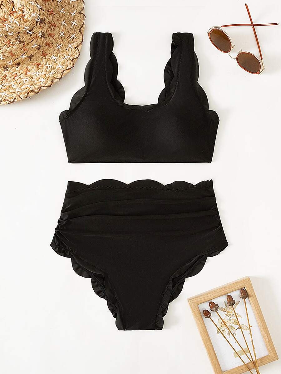 SHEIN Maternity Plus Scallop Trim Ruched High Waist Bikini Swimsuit - Black - View 1