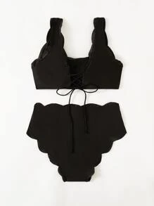 SHEIN Maternity Plus Scallop Trim Ruched High Waist Bikini Swimsuit - Black - View 2