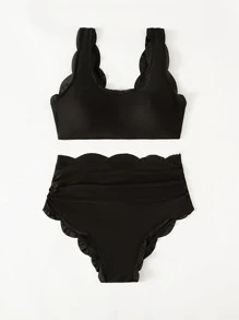 SHEIN Maternity Plus Scallop Trim Ruched High Waist Bikini Swimsuit - Black - View 4