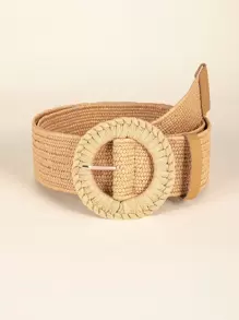1 件女士圆形带扣波西米亚风草编腰带，适合度假夏季、学校秋季、秋季、万圣节 - 駝色 - 查看 1