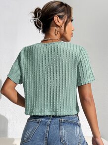 SHEIN Essnce 素色麻花編織V領T恤 - 薄荷綠 - 查看 3