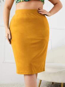 SHEIN Privé Plus High Waist Slit Back Skirt Spring To Summer - Mustard Yellow - View 4